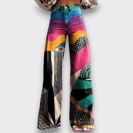 Aralyn – Pantaloni Palazzo Boho con Stampa Artistica