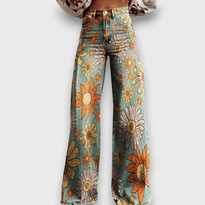 Fiorella – Jeans a gamba larga con stampa floreale retrò
