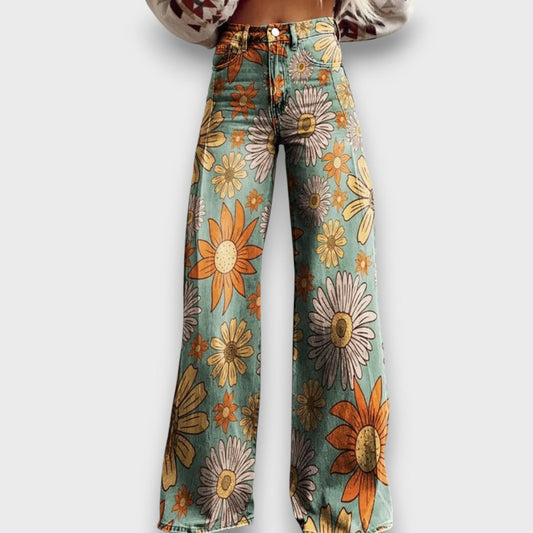 Fiorella – Jeans a gamba larga con stampa floreale retrò
