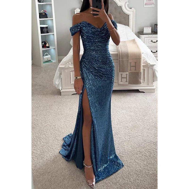 Rebeca – Vestido maxi de lentejuelas con escote off-shoulder y abertura alta
