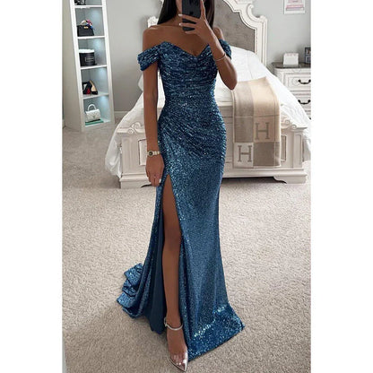 Rebeca – Vestido maxi de lentejuelas con escote off-shoulder y abertura alta