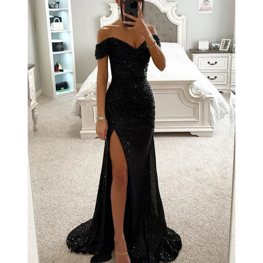Rebeca – Vestido maxi de lentejuelas con escote off-shoulder y abertura alta