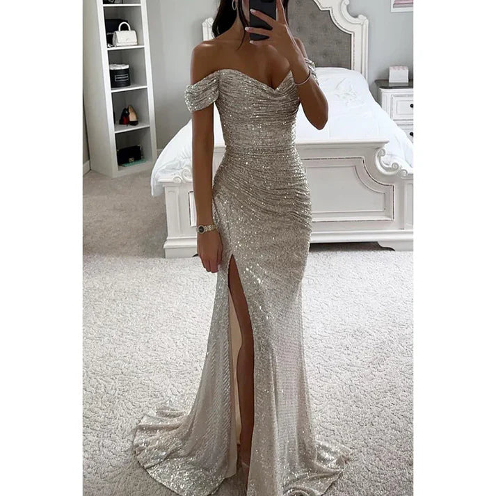Rebeca – Vestido maxi de lentejuelas con escote off-shoulder y abertura alta