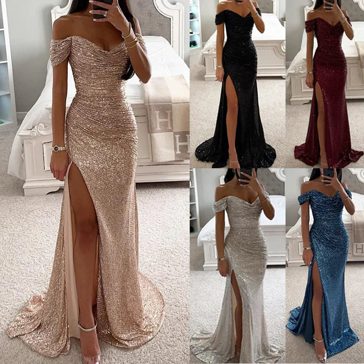 Rebeca – Vestido maxi de lentejuelas con escote off-shoulder y abertura alta