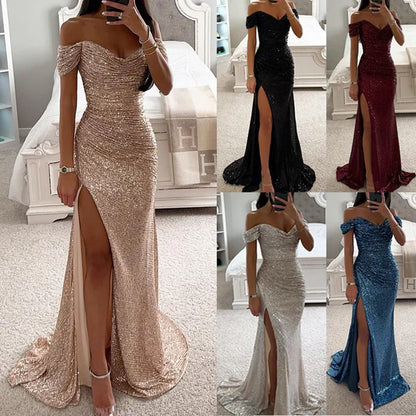 Rebeca – Vestido maxi de lentejuelas con escote off-shoulder y abertura alta