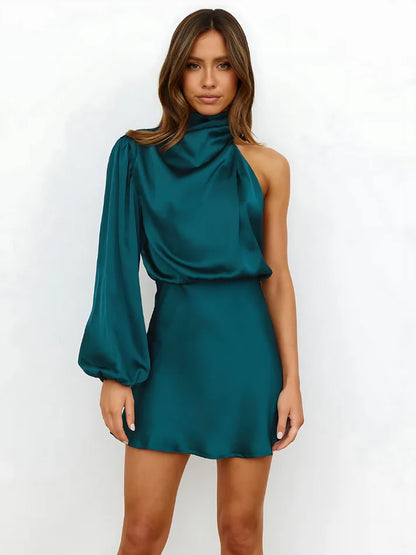 CRISTINA – Elegante vestido de noche satinado con un solo hombro para mujer